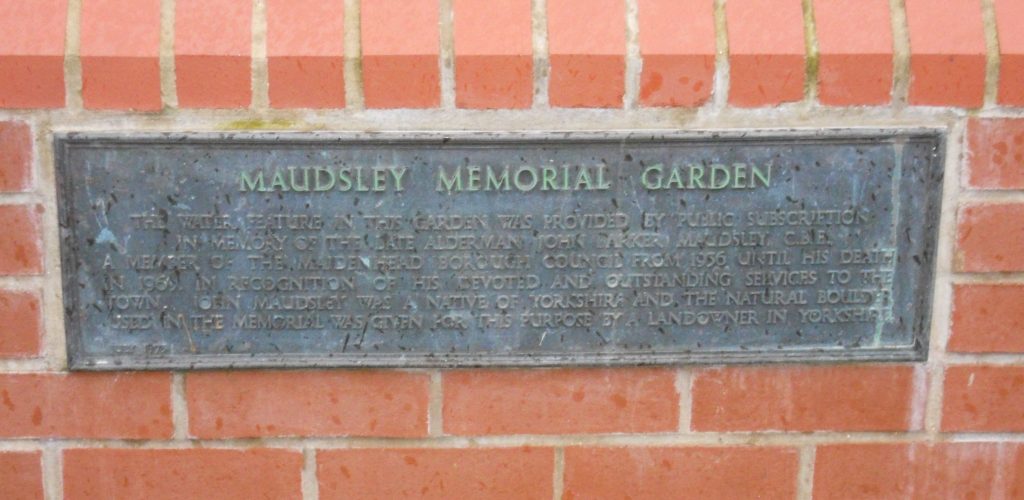 Plaque at Maudsley Memorial Garden next to the Library